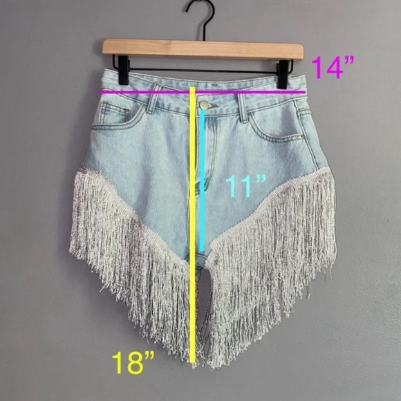 SHEIN Faded Bleached Denim Silver Sparkle Fringe Festival Party Shorts Med - Picture 1 of 8